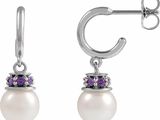 Boucles d'oreilles en perles blanches et améthystes, ornées de cristaux violets
