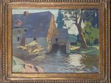 an oil painting of a house and a stream in front of a tree