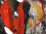 a painting of a red heart with white feathers on it
