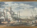 an image of a painting of a village scene with people and horses
