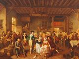 tableau représentant un grand groupe de personnes dans une pièce avec une cheminée