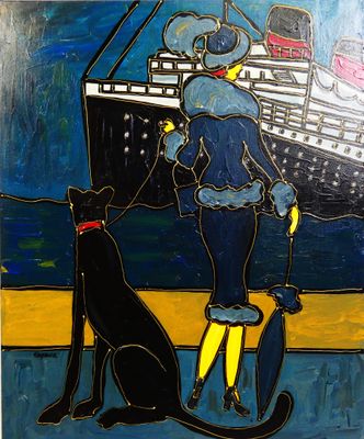 un tableau représentant une femme et un chien sur la plage