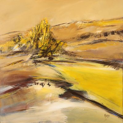 une peinture à l'huile représentant un arbre jaune au milieu d'un champ