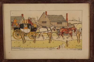 tableau représentant une calèche tirée par des chevaux, avec des personnes en arrière-plan