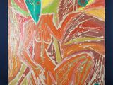 une peinture représentant une fleur orange et jaune sur fond noir