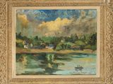 a painting of a landscape with a river in the foreground