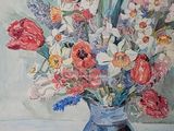 a painting of a vase of flowers and an apple on a table