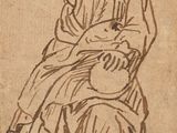 un vieux dessin représentant un homme assis sur une chaise, tenant un oiseau dans ses mains