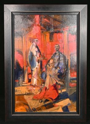 une peinture à l'huile représentant une femme assise sur une chaise à côté d'un homme