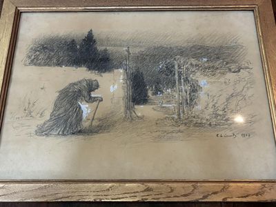 dessin représentant une femme assise dans un champ, une canne à la main