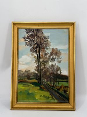 un tableau représentant des arbres dans un champ, avec une route au premier plan