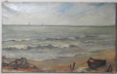 une peinture d'un bateau sur la plage au bord de l'eau