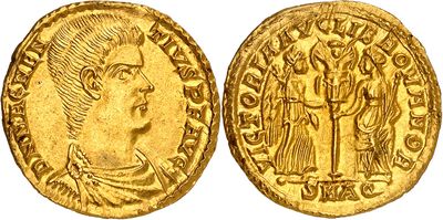 a gold coin with an image of a man and a woman