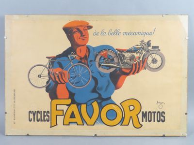 une vieille affiche représentant un homme tenant une moto sur fond bleu