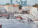 un tableau représentant des bateaux dans un port, avec un château en arrière-plan