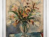 une peinture à l'huile représentant un vase de fleurs sur une table