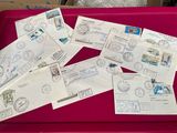 a red tray with many different stamps on it