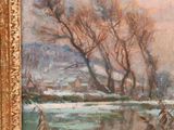 an image of a painting of a snowy landscape with a river in the foreground and trees in the background