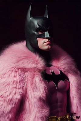 Batman, vêtu d'un manteau de fourrure rose, posant pour une photo