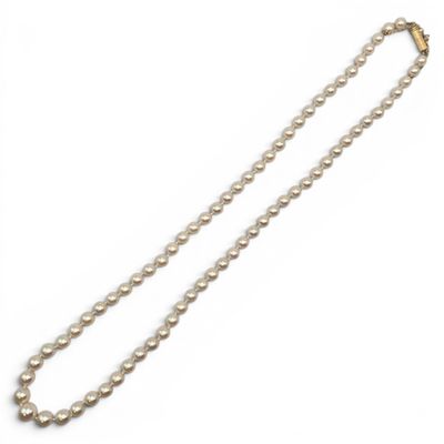 a close up of a pearl necklace on a white background