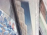 a painting on the wall of a building that has a clock on it