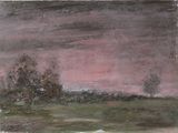 an oil painting of a field with trees and a pink sky