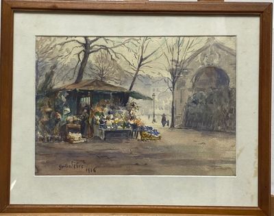 Gaston LEBRE (XXe siècle) Kiosque aux fleurs Aquarelle, sign…