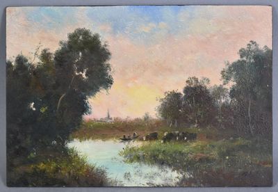 peinture à l'huile représentant une scène fluviale avec des vaches paissant dans l'eau