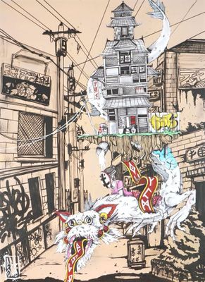 un dessin représentant un homme à cheval dans la rue