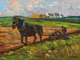 un tableau représentant un cheval tirant une charrue dans un champ