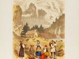a drawing of a group of people in the mountains