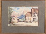 an image of a painting of a village with a mountain in the background