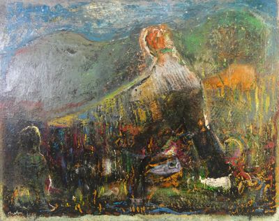 une peinture à l'huile représentant une femme assise sur une colline avec un chien
