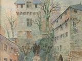 un tableau représentant un bâtiment surmonté d'une tour horloge