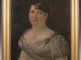 a painting of a woman in a gray dress in a gold frame