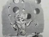 an old illustration of a clown juggling with balloons and a dog