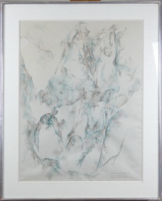 tableau représentant un groupe d'oiseaux survolant une chaîne de montagnes