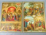 deux tableaux représentant Jésus et d'autres figures religieuses sur fond bleu