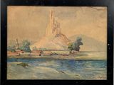 an image of a painting of a mountain and a body of water