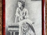 a drawing of a woman sitting on a chair in a room