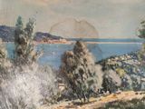 a watercolor painting of a view of a lake and mountains