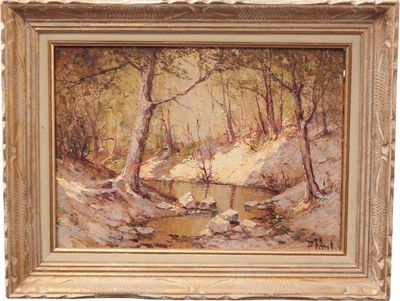 a painting of a stream in a wooded area with trees