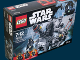 une boîte contenant des sets Lego Star Wars sur fond bleu