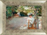 painting of a woman sitting on a bench in a garden