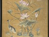 une image représentant un tableau avec un oiseau et des fleurs sur fond jaune
