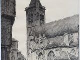 drawing of an old building with a clock tower in the middle of it