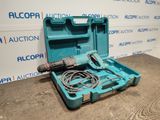 a blue tool box with a drill and a cord in it