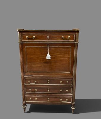 an image of a wooden cabinet with drawers and a door