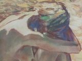 a painting of a woman sitting on the beach