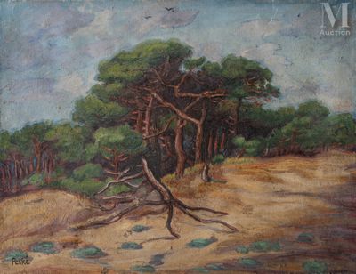 an oil painting of a tree in the middle of a dirt road